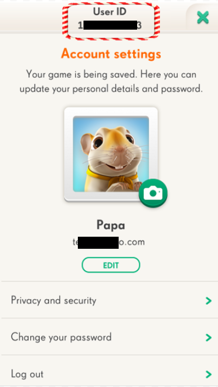 A página de perfil após você tocar duas vezes no logotipo da King e seu ID do jogador aparece. É um número longo