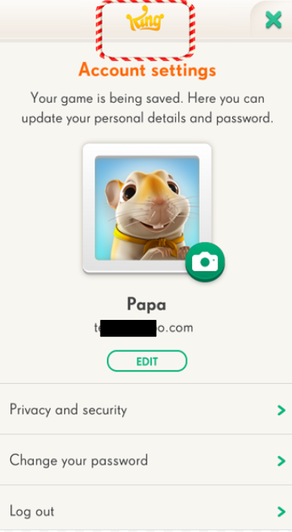 A página de perfil. Lê-se: Configurações da conta. Seu jogo está sendo salvo. Aqui você pode atualizar seus dados pessoais e senha. No topo, há um logotipo da King que está destacado. É onde você precisa tocar duas vezes.